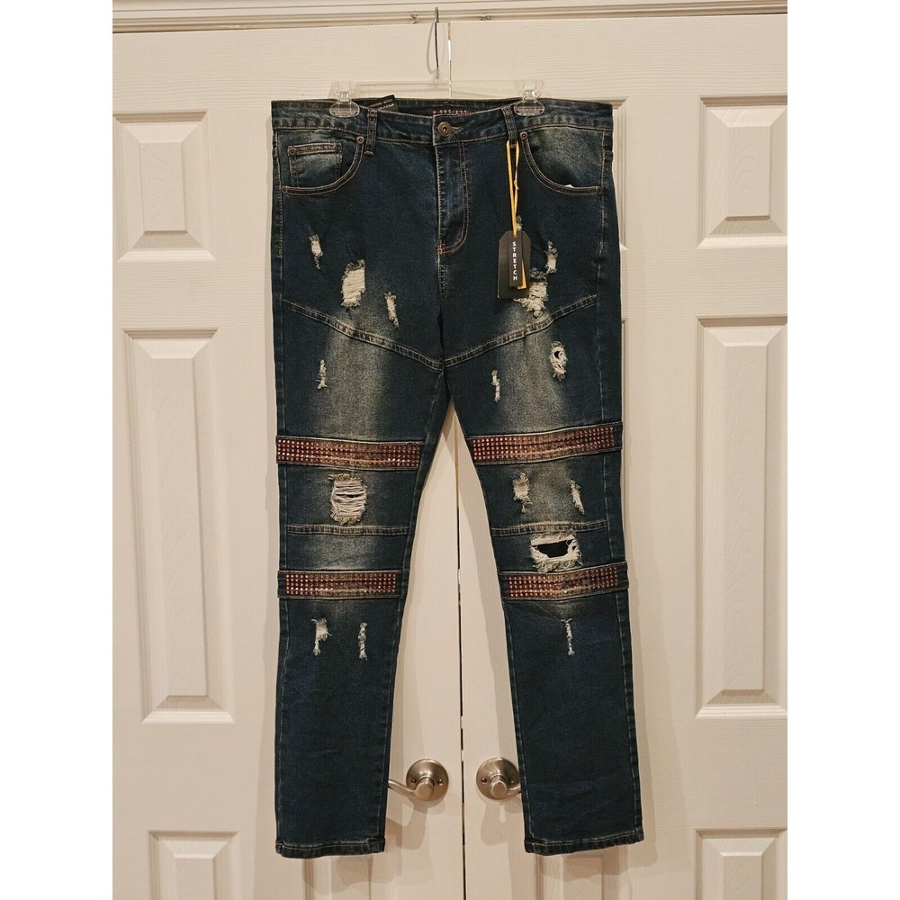 M Society Distressed Stretch Skinny Fit Jeans Men's 38×32 Blue/Orange MS-13156